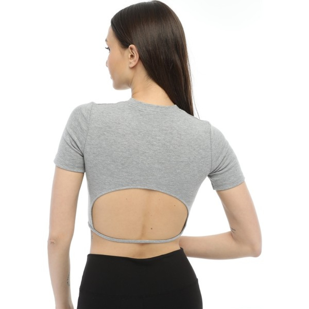 Penye Bizden Kadın Sırtı Açık Crop-Gri Melanj Bayan T-shirt Fiyatı