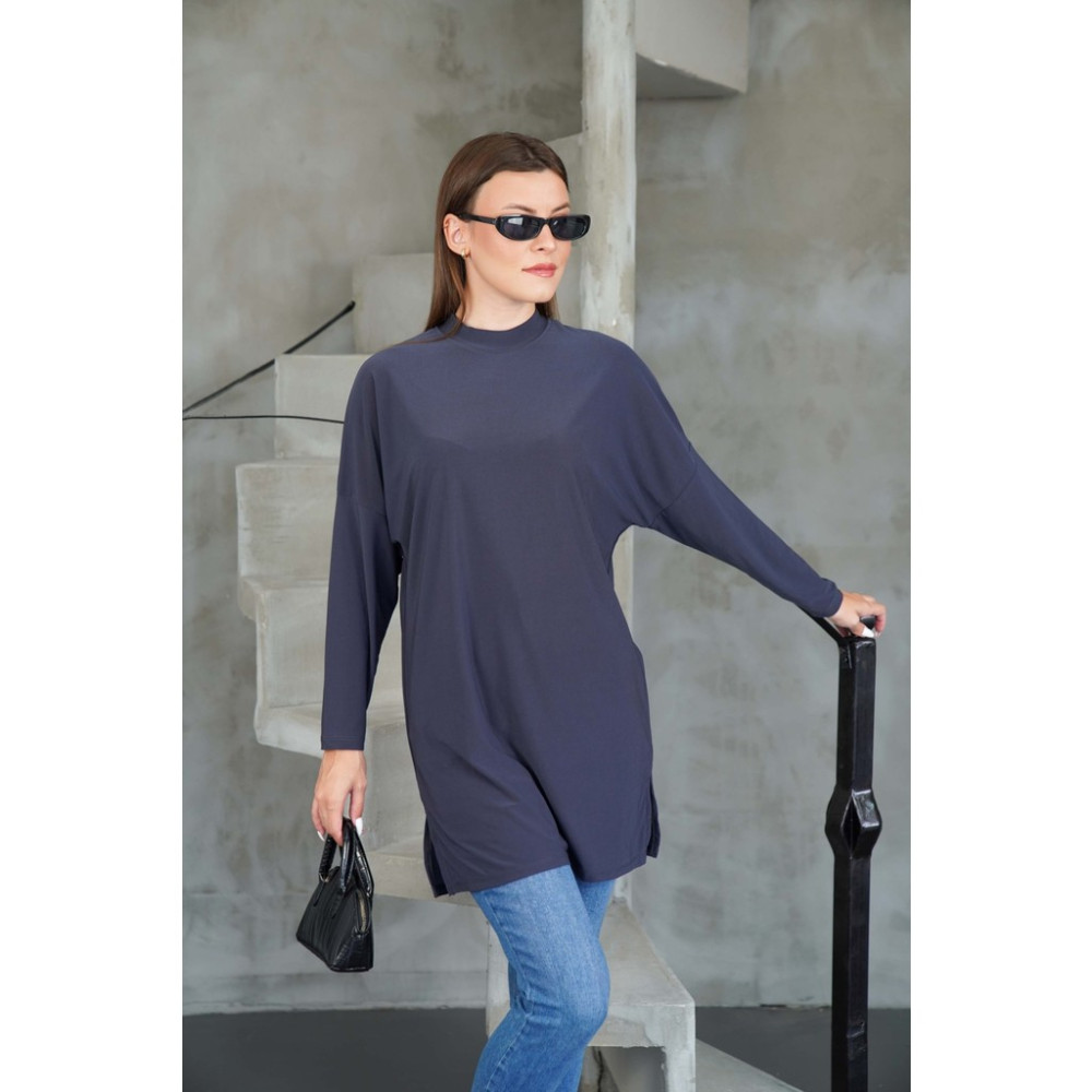 Penye Bizden Kadın Tesettür Extra Uzun Tunik Füme Renk Düz Desenli %95 Polyester Örme Kumaş Tunik Fiyatı