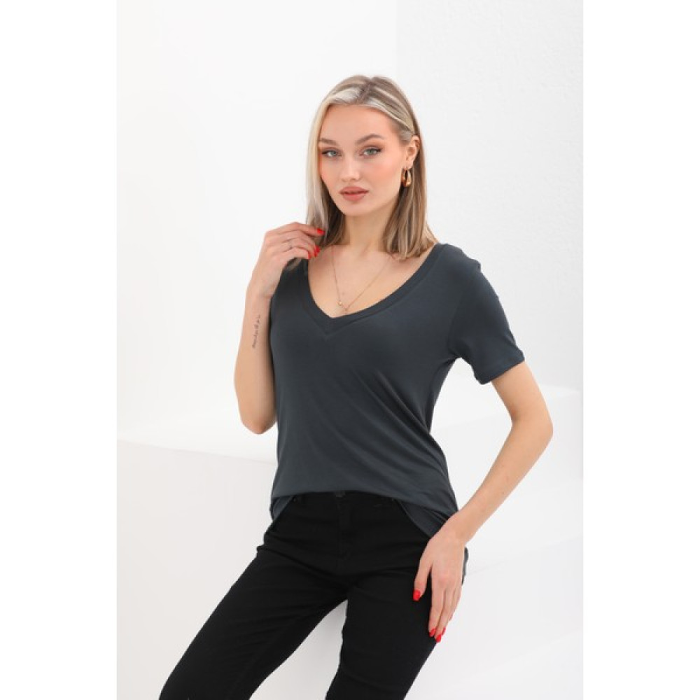 penyebizden Viskon Dökümlü V Yaka Tişört-Füme Bayan T-shirt Fiyatı