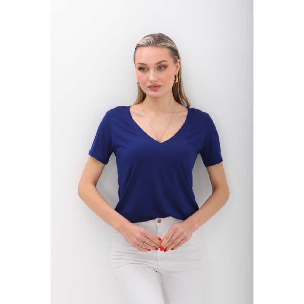 penyebizden Viskon Dökümlü V Yaka Tişört-Lacivert Bayan T-shirt Fiyatı