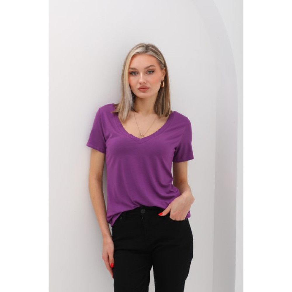 penyebizden Viskon Dökümlü V Yaka Tişört-Mor Bayan T-shirt Fiyatı