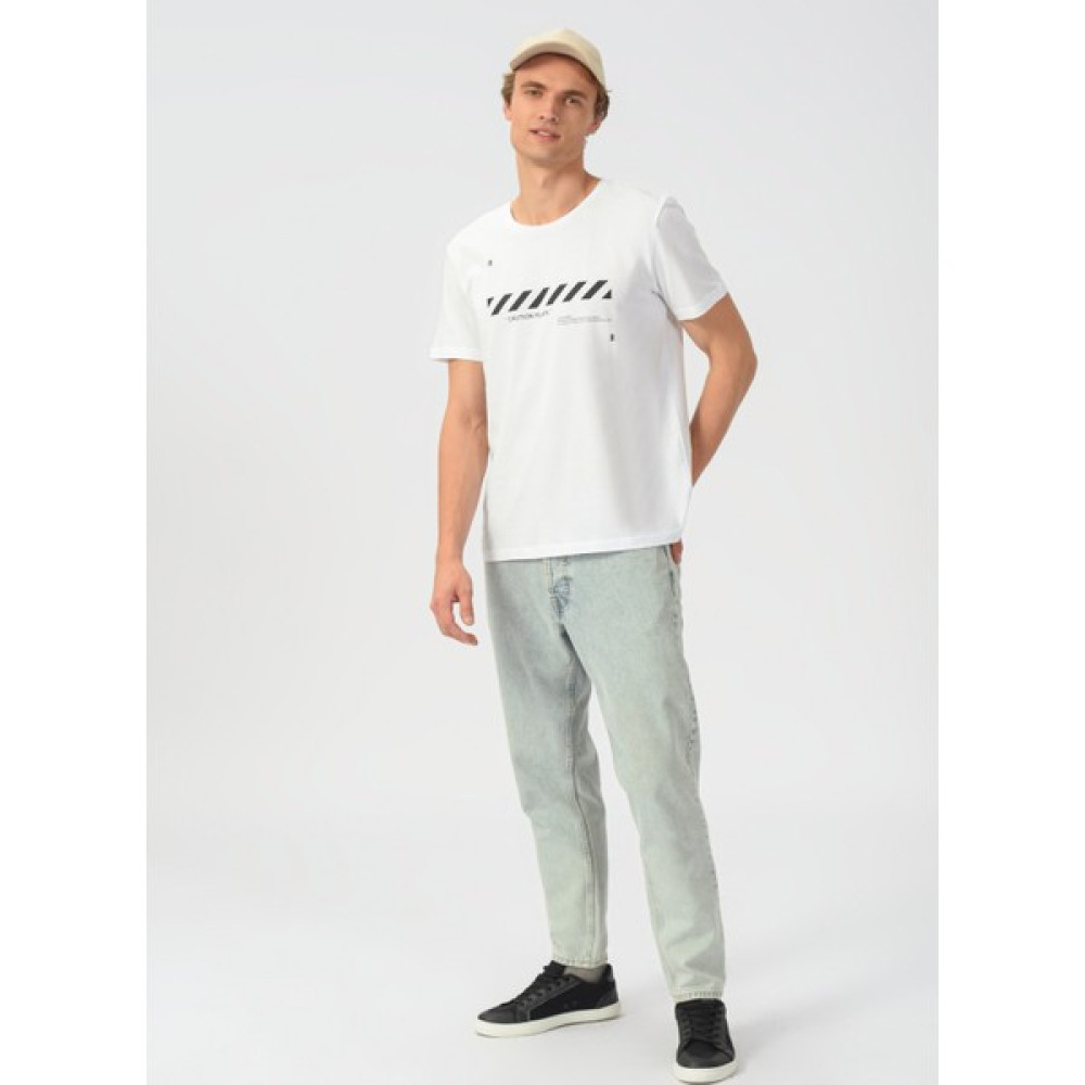 People By Fabrika Bisiklet Yaka Baskılı Beyaz Erkek T-Shirt Caution Erkek T-shirt Fiyatı