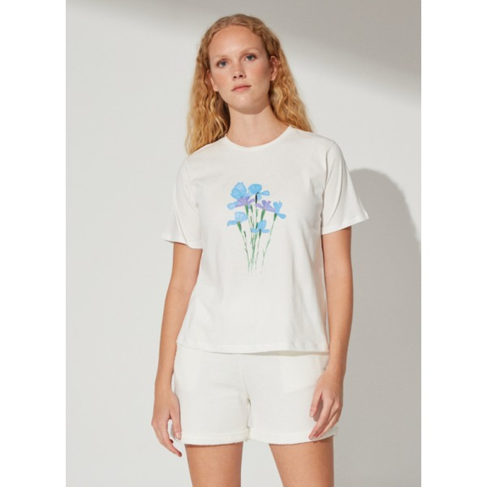 People By Fabrika Bisiklet Yaka Baskılı Ekru Kadın T-Shirt Padang Bayan T-shirt Fiyatı
