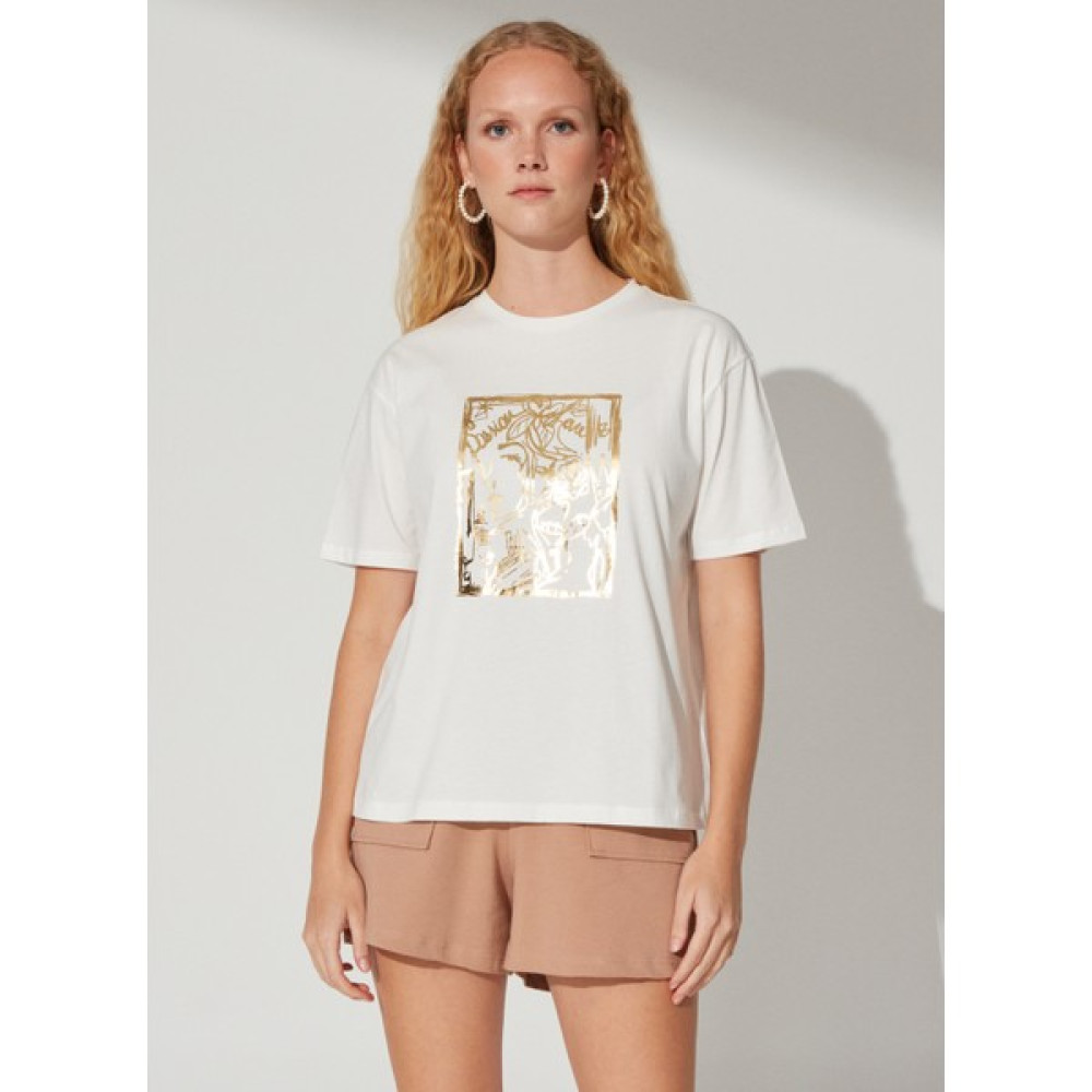 People By Fabrika Bisiklet Yaka Baskılı Ekru Kadın T-Shirt Pekan Bayan T-shirt Fiyatı
