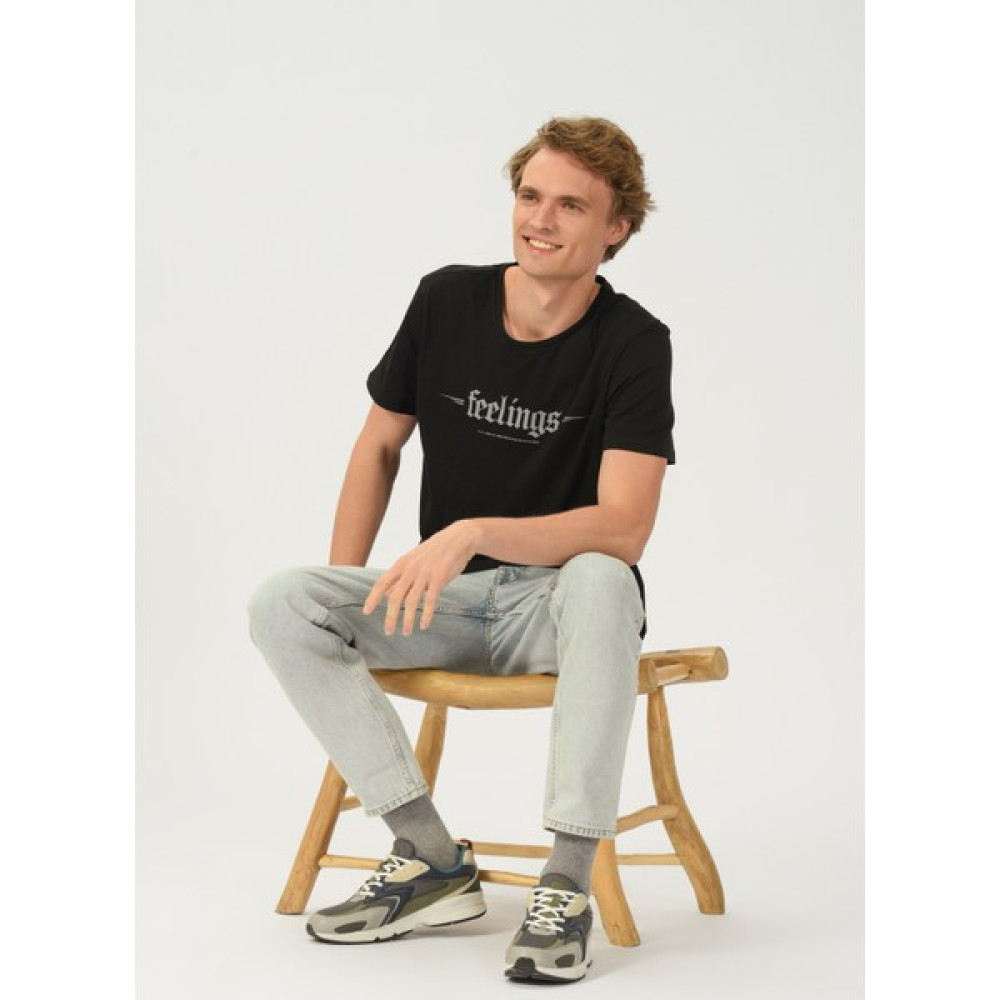 People By Fabrika Bisiklet Yaka Baskılı Siyah Erkek T-Shirt Feelings Erkek T-shirt Fiyatı
