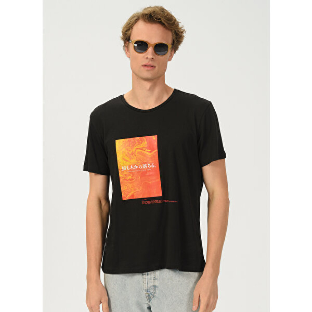 People By Fabrika Bisiklet Yaka Baskılı Siyah Erkek T-Shirt Monkeys Fall Erkek T-shirt Fiyatı