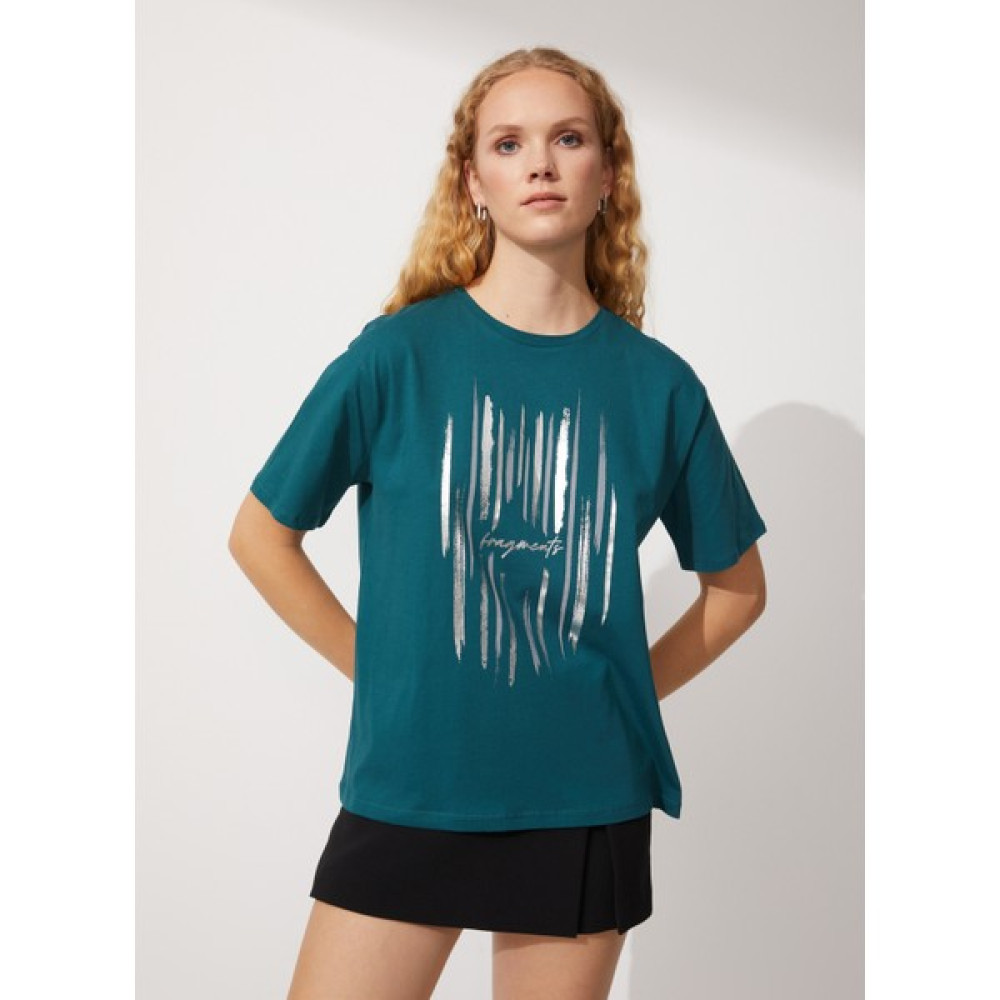 People By Fabrika Bisiklet Yaka Baskılı Yeşil Kadın T-Shirt Kendari Bayan T-shirt Fiyatı