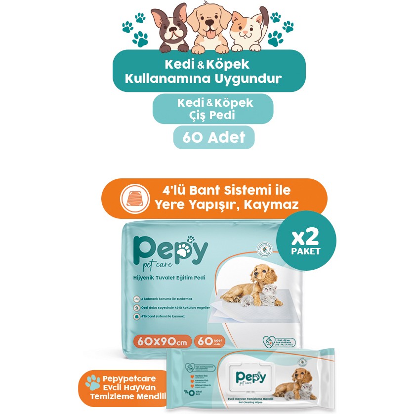 Pepy Çiş Pedi Yatak Koruyucu 60X90CM 2 Paket 60 Adet + Evcil Hayvan Temizleme Mendili 2 Paket 100 Adet - Bej Evcil Hayvan Ürünleri Fiyatı