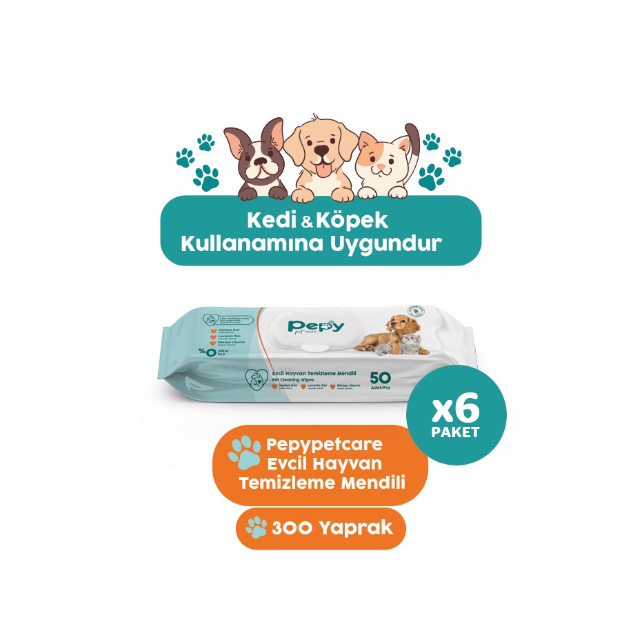 Pepy Kedi ve Köpek Kullanımına Uygun Evcil Hayvan Temizleme Mendili 6 Paket 300 Adet Diğer Fiyatı