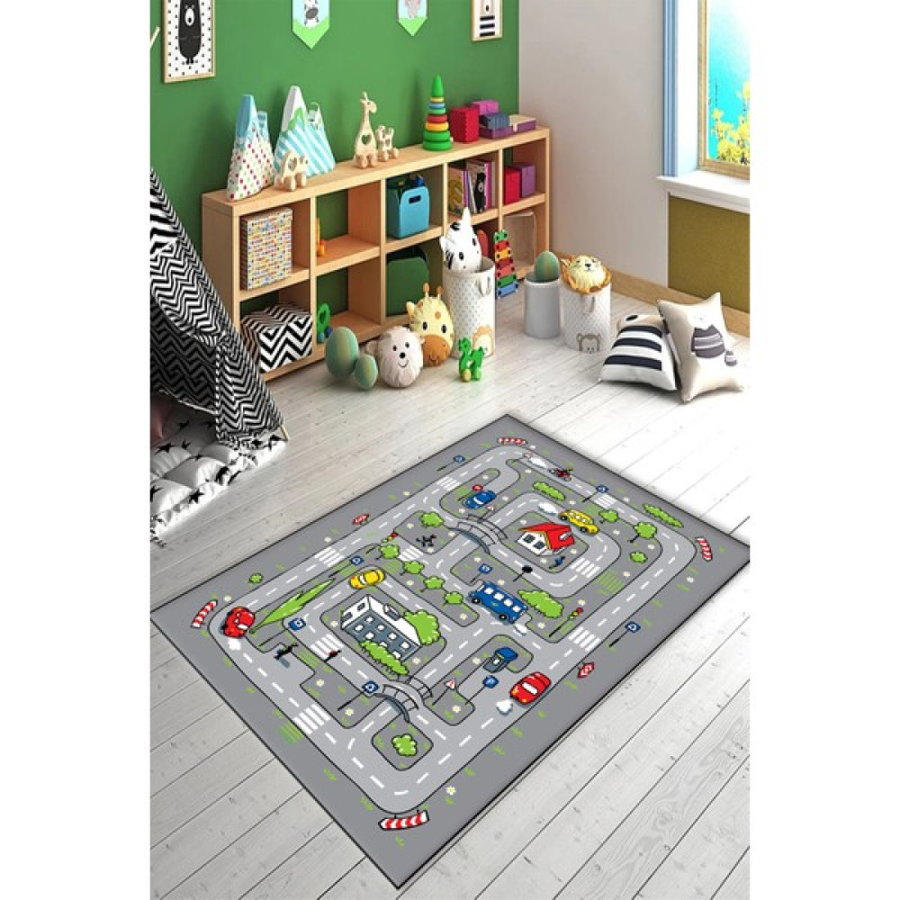 Pera Life Halı Dijital Baskılı Kaymaz Taban Yıkanabilir Yarış Arabalı Trafik Yolu Gri Oyun Halısı - 100 x 160 cm Bebek Odası Halı Fiyatı