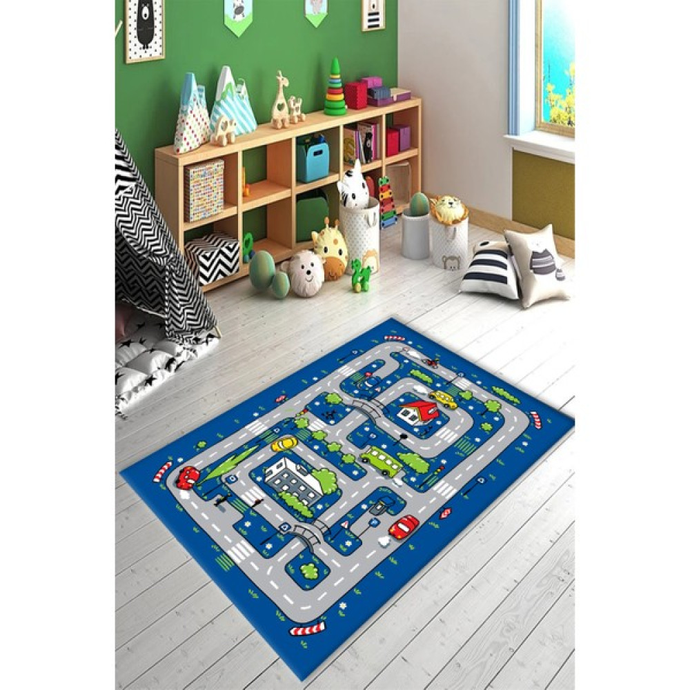 Pera Life Halı Dijital Baskılı Kaymaz Taban Yıkanabilir Yarış Arabalı Trafik Yolu Mavi Oyun Halısı - 100 x 160 cm - Lacivert Bebek Odası Halı Fiyatı