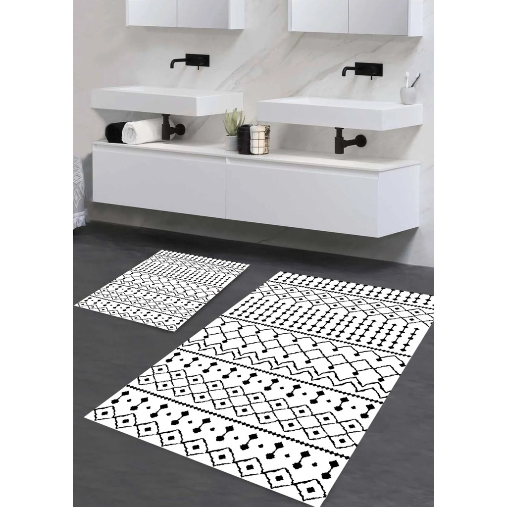 Pera Life Halı yıkanabilir Kaymaz Pamuk Dokuma Taban Geometrik Desenli 60X100-50X60 2'li Banyo Paspası Klozet Takım - Gri Araca Özel Paspaslar Fiyatı