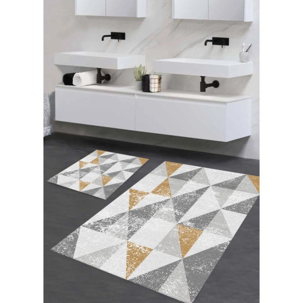 Pera Life Halı  yıkanabilir Kaymaz Pamuk Dokuma Taban Geometrik Üçgen Desenli 60X100-50X60 2'li Banyo Paspası Klozet Takım - Gri Klozet Takımı Fiyatı