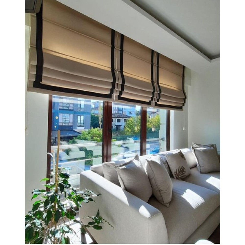 Pera Store Bej Fon Kumaş Üzerine Siyah Biyeli Katlamalı Perde - 100 x 260 cm - Bej - Siyah Stor Perde Fiyatı
