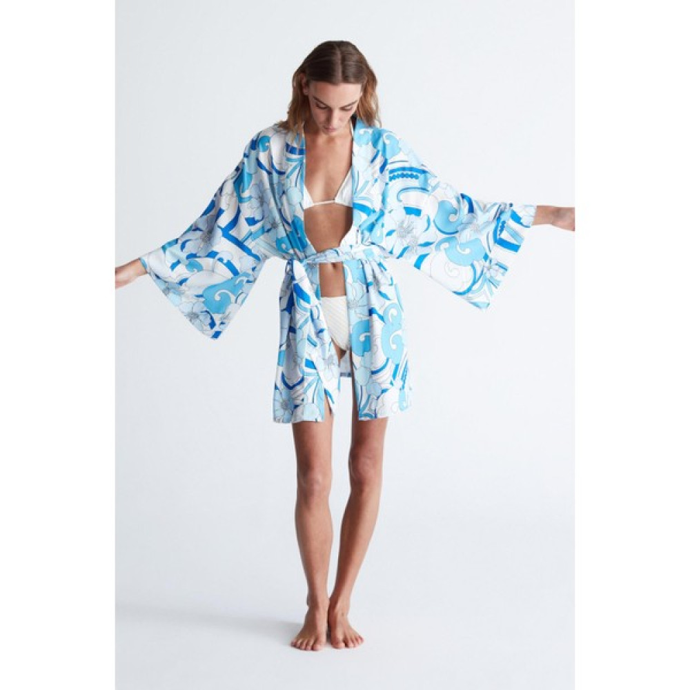 Peraluna AZUL KİMONO Çiçekli Dalga Desen 84 CM Mini Boy Kadın Kimono Mavi Kadın Giyim Fiyatı