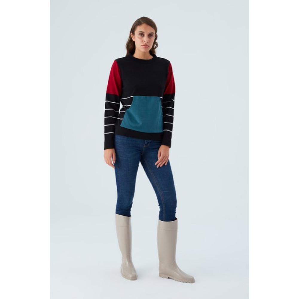 Peraluna June Pullover %100 Pamuk Çizgili Kangru Cepli Kadın Triko Kazak siyah Bayan Kazak & Süveter & Triko Fiyatı