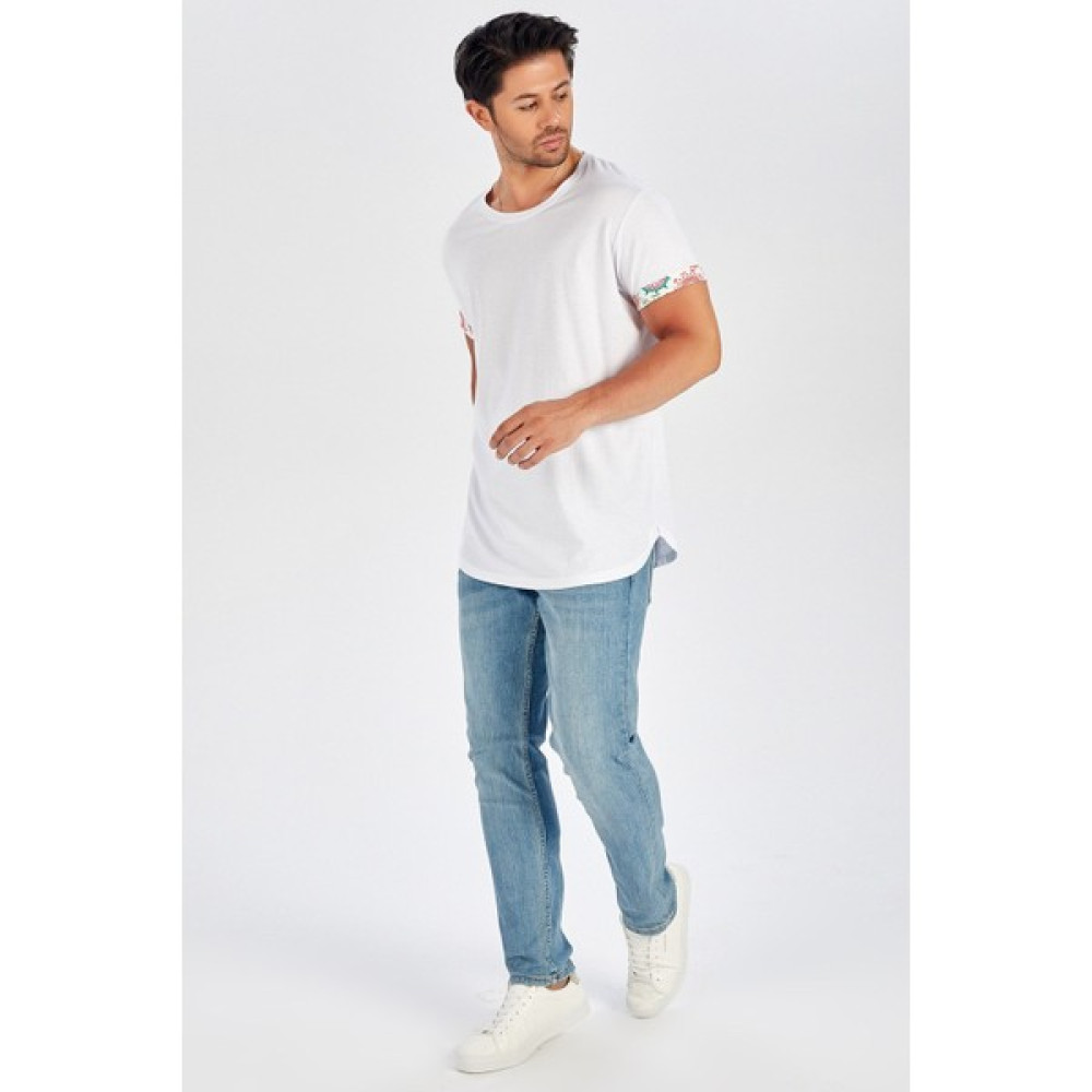 Peraluna Kol Ucu Desenli Uzun Beyaz Pamuklu T-Shirt Erkek T-shirt Fiyatı
