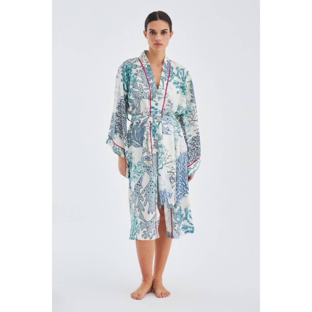 Peraluna NILA KIMONO Desenli Yazlık Mat Dokulu 120 CM Yazlık Kadın Kimono Yeşil/Ekru Kadın Giyim Fiyatı