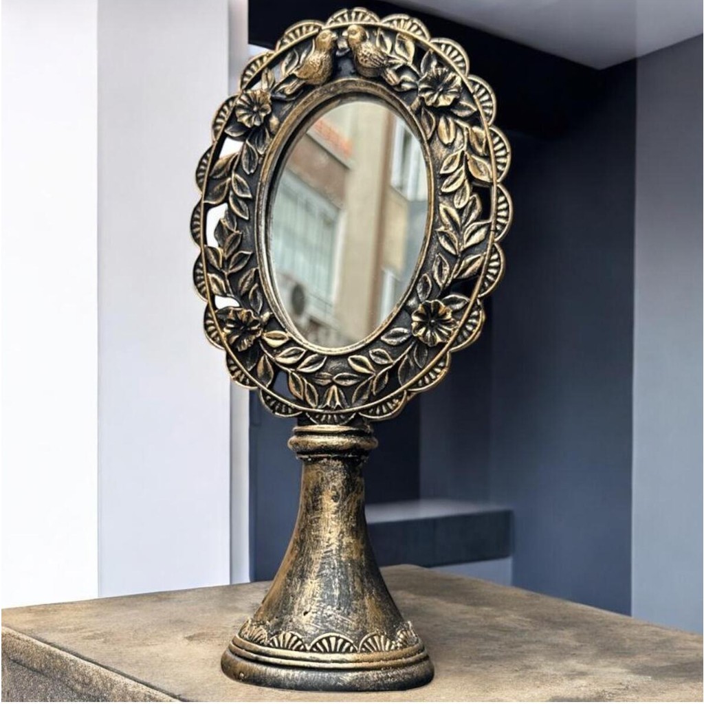 Peramari Dekoratif Polyester Kuşlu Ayaklı Makyaj Aynası Gold Eskitme 32X16X10 cm - 18 x 32 - Sarı Evcil Hayvan Ürünleri Fiyatı