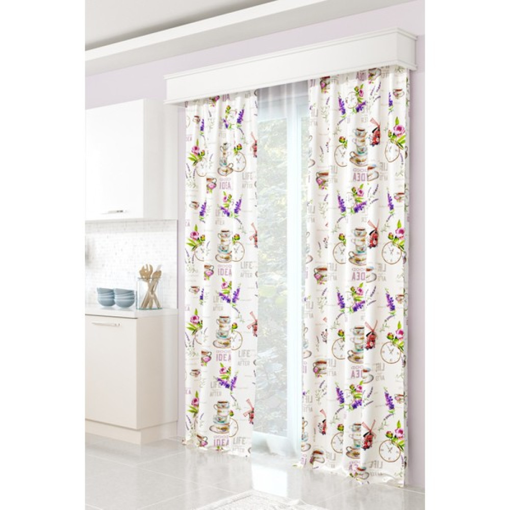 Perdante Çay Saati Lavanta Çiçekli Mutfak Fon Perde (Tek Kanat) - 240 x 250 cm - Keten Fon Perde Fiyatı