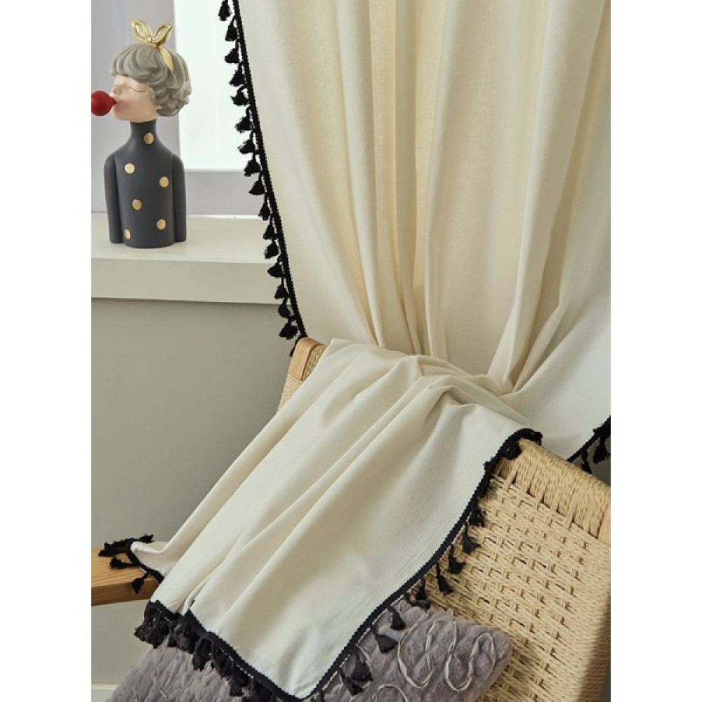 Perdeplus Keten Bohem Bej Fon Perde Siyah Püsküllü Vintage Bohem Tasarım - 80 x 260 cm Fon Perde Fiyatı