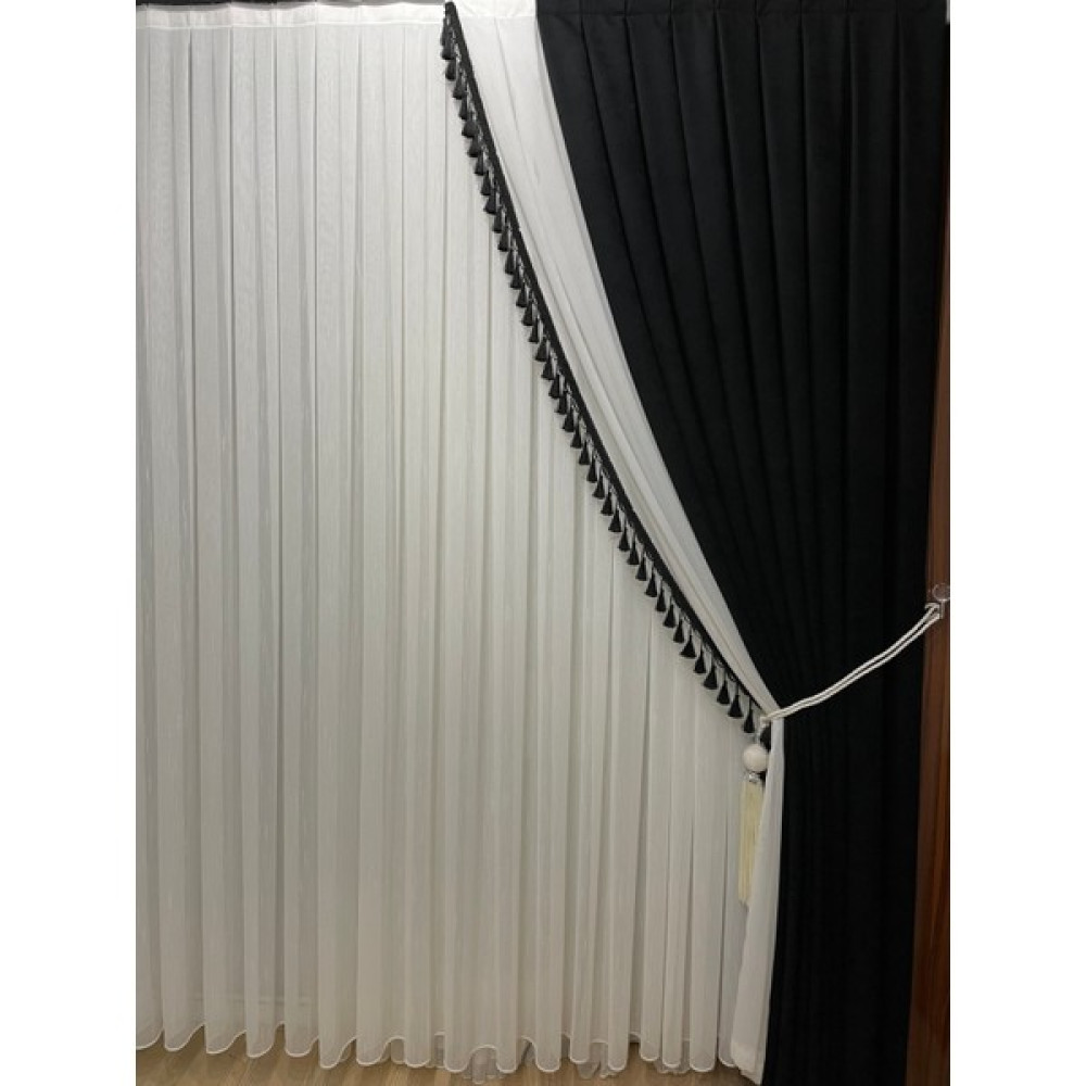 Perdestanbul Yeni Tül Eklemeli Fon Perde Püskül Detay Siyah Renkli - 100 x 280 cm Fon Perde Fiyatı