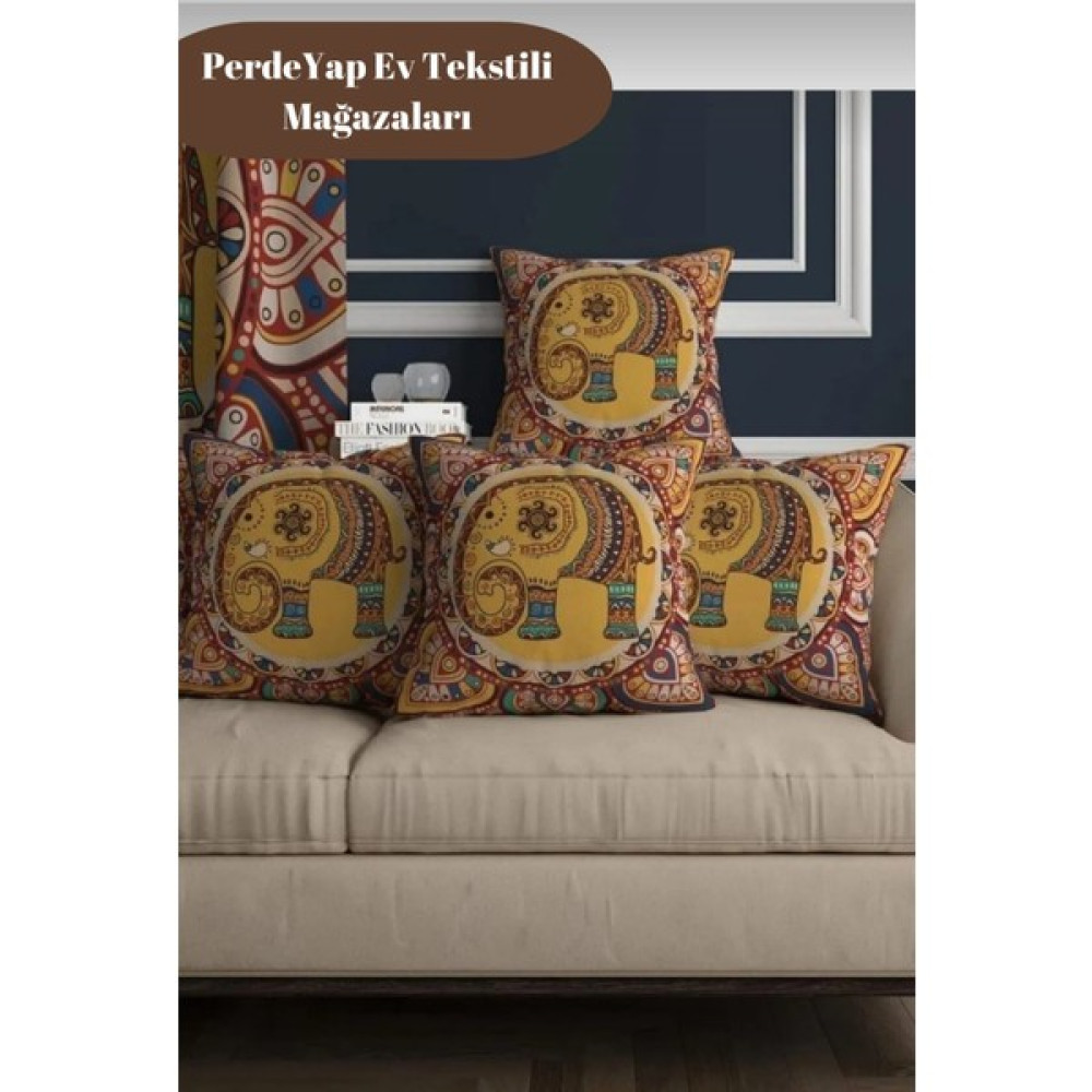 Perdeyap Etnik Hint Işlemeli Fil Desenli 4lü Dijital Baskılı Kırlent Yastık Kılıfı Krem 43X43 cm 061 - 43 x 43 cm - Renkli Kırlent / Mobilya Yastığı Fiyatı