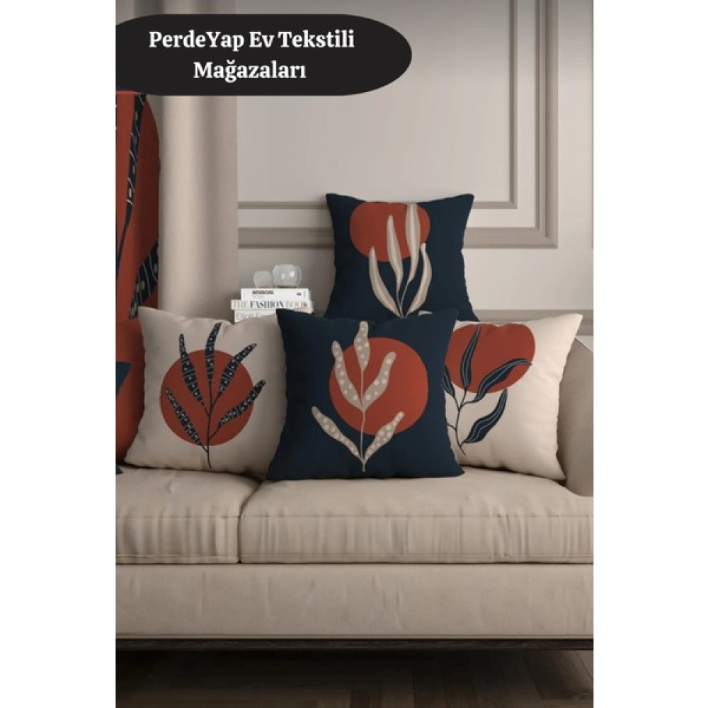PerdeYap Kuraklık Bitkileri ve Güneşin Uyumu Desenli 4lü Dijital Baskılı Kırlent Kılıfı 024 - 43 x 43 cm - Krem - Lacivert Kırlent / Mobilya Yastığı Fiyatı