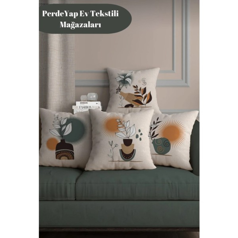 PerdeYap Kuraklık ve Kır Çiçekleri Desenli 4lü Dijital Baskılı Kırlent Yastık Kılıfı 43x43 Cm Krem 015 - 43 x 43 cm - Bej - Krem Kırlent / Mobilya Yastığı Fiyatı