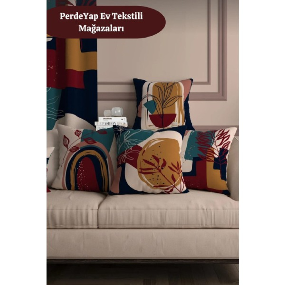 PerdeYap Mavi ve Kırmızının Uyumu Desenli 4lü Dijital Baskılı Kırlent Kılıfı 021 - 43 x 43 cm - Krem Kırlent / Mobilya Yastığı Fiyatı