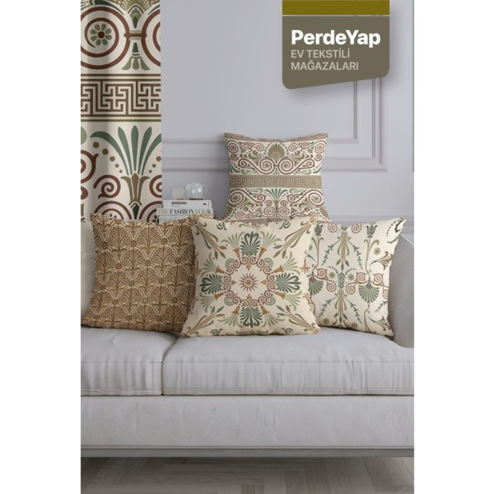 PerdeYap Modern Işlemeli Motifler Desenli 4lü Dijital Baskılı Kırlent Yastık Kılıfı Yeşil-Krem 43X43 cm 031 - 43 x 43 cm - Yeşil - Krem Kırlent / Mobilya Yastığı Fiyatı