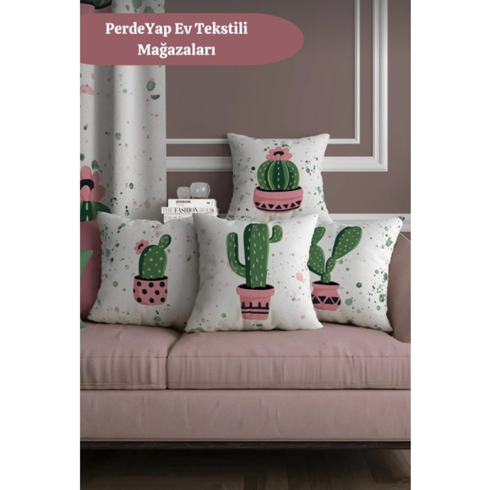 PerdeYap Modern Kaktüs Desenli 4lü Dijital Baskılı Kırlent Kılıfı 012 - 43 x 43 cm - Krem - Yeşil Kırlent / Mobilya Yastığı Fiyatı
