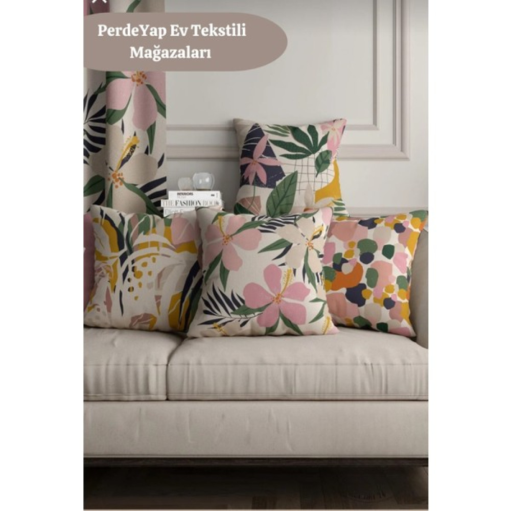 PerdeYap Renkli Çiçek Karnavalı Pembe Çiçekler Desenli 4lü Dijital Baskılı Kırlent Kılıfı 020 - 43 x 43 cm - Pudra - Krem Kırlent / Mobilya Yastığı Fiyatı