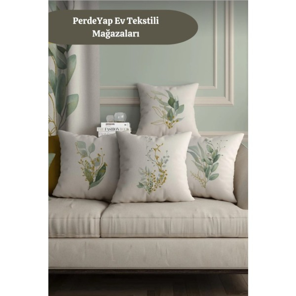 PerdeYap Sade Modern Tasarımlı Yeşil Yapraklar Desenli 4lü Dijital Baskılı Kırlent Yastık Kılıfı Krem 43X43 cm 005 - 43 x 43 cm Kırlent / Mobilya Yastığı Fiyatı