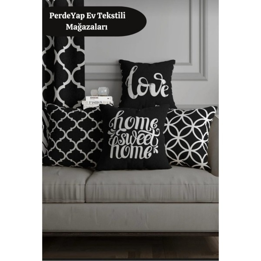 PerdeYap Siyah Zemin Üzerine Love - Home Sweet Home Desenli 4lü Dijital Baskılı Kırlent Kılıfı 025 - 43 x 43 cm - Siyah - Beyaz Kırlent / Mobilya Yastığı Fiyatı
