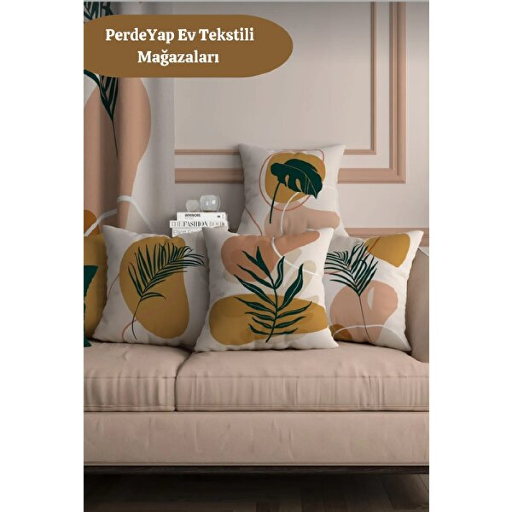 PerdeYap Tropikal Yabani Yapraklar Desenli 4lü Dijital Baskılı Kırlent Kılıfı 026 - 43 x 43 cm - Krem Kırlent / Mobilya Yastığı Fiyatı