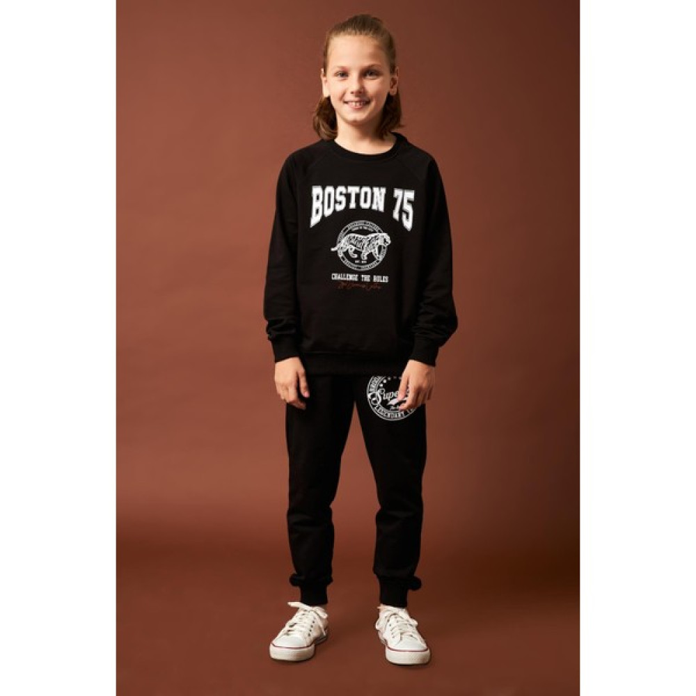 Perendi Boston Baskılı Erkek Çocuk Sweatshirt Siyah Erkek Çocuk Sweatshirt Fiyatı