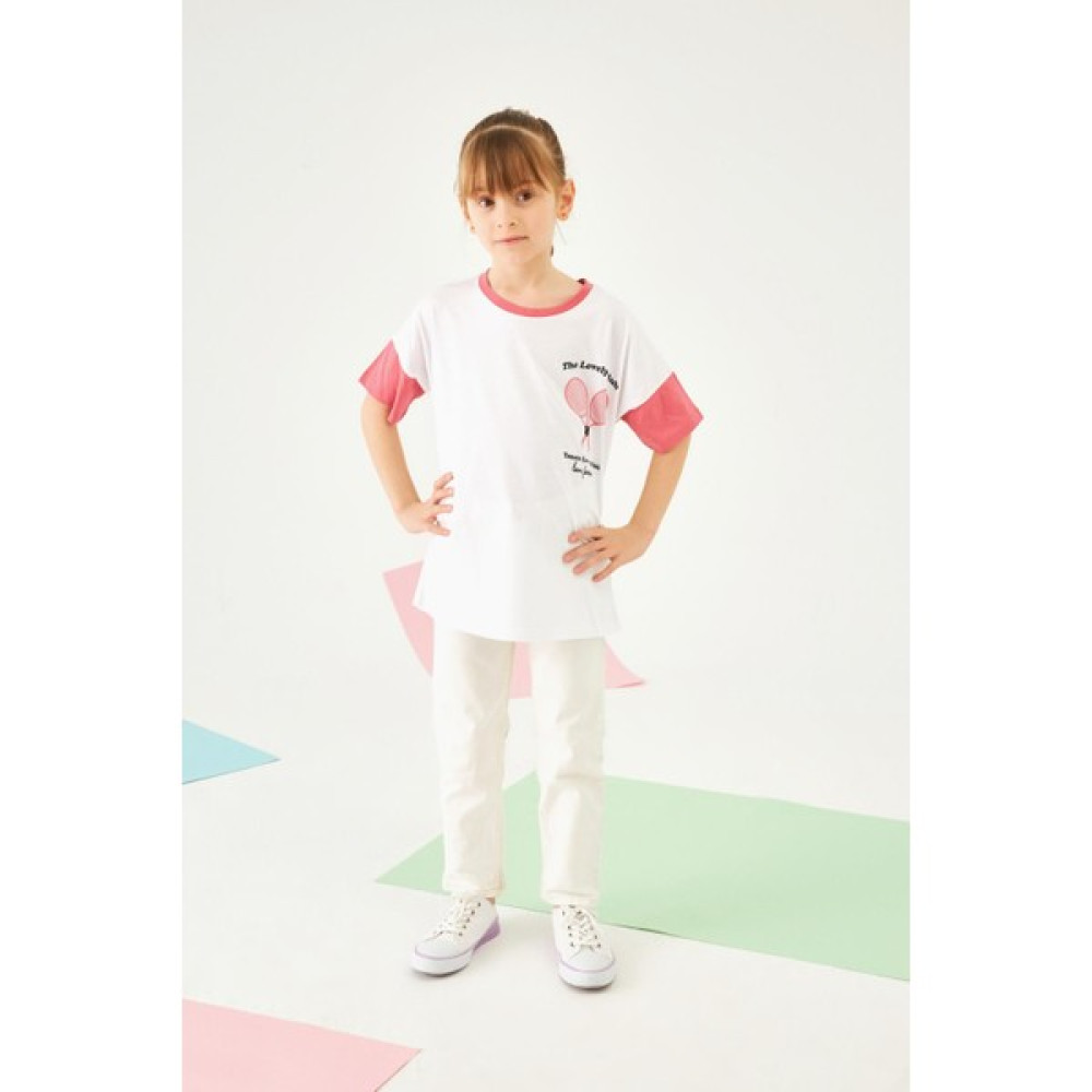 Perendi Tenıs Baskılı Bisiklet Yaka Düşük Omuz Kız Çocuk Kız Çocuk T-shirt Fiyatı