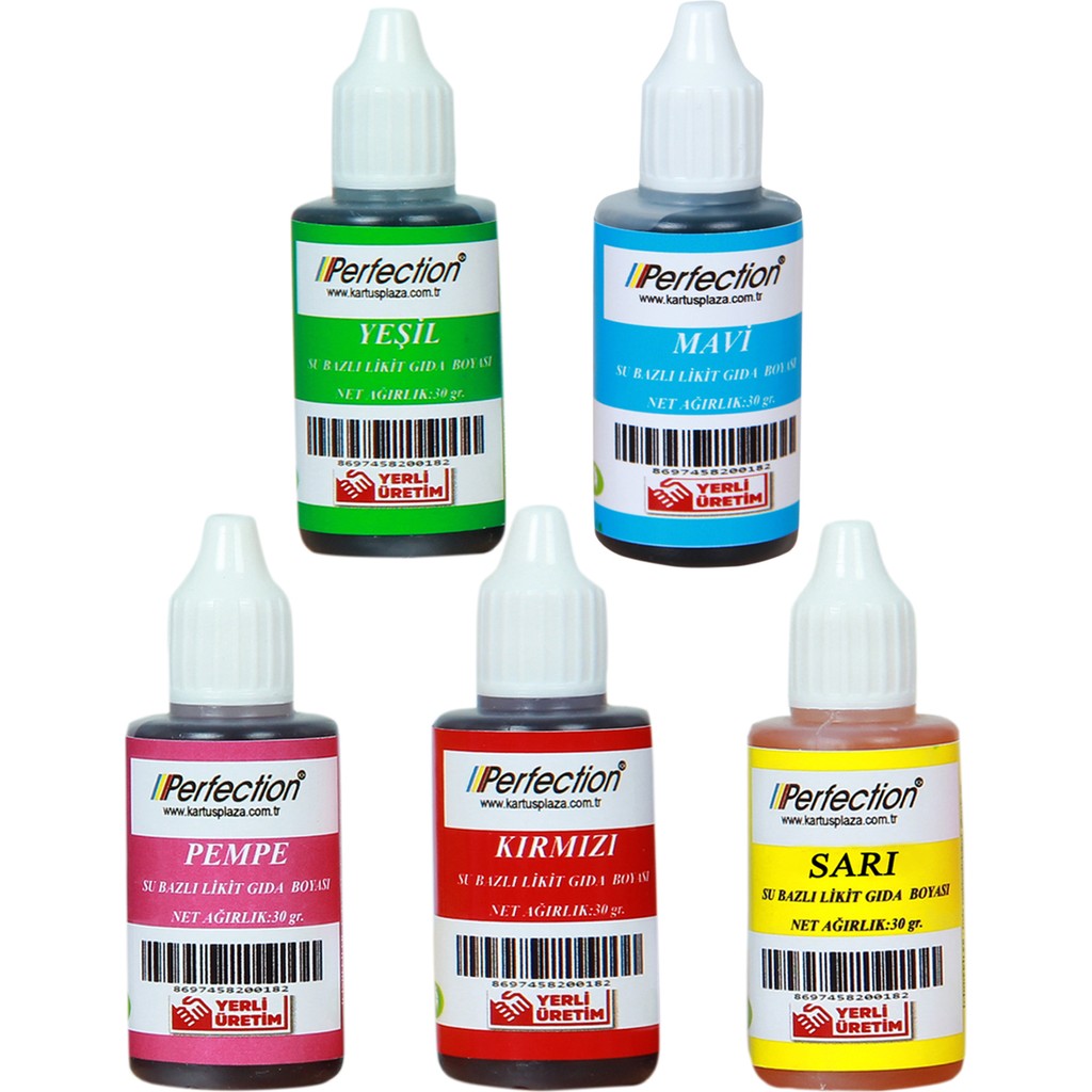 Perfection Chef 5'li Sıvı Su Bazlı Likit Gıda Boyası Pembe Sarı Kırmızı Mavi Yeşil 5 x 30 gr. - 150 gr Diğer Fiyatı