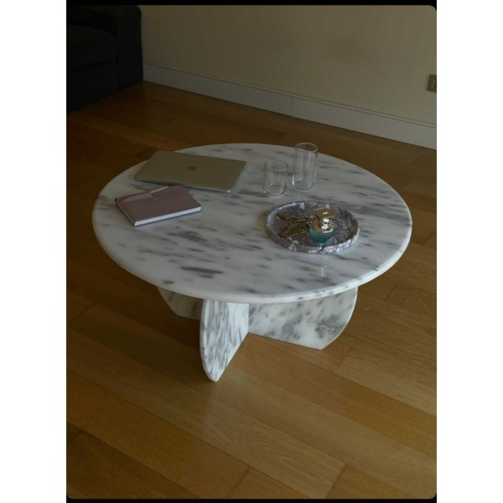 Pergamon Mermer Sehpa Gerçek Mermer Ayakları Üstü Komple Gerçek Mermer 80 cm Çapında - Beyaz Orta Sehpa Fiyatı