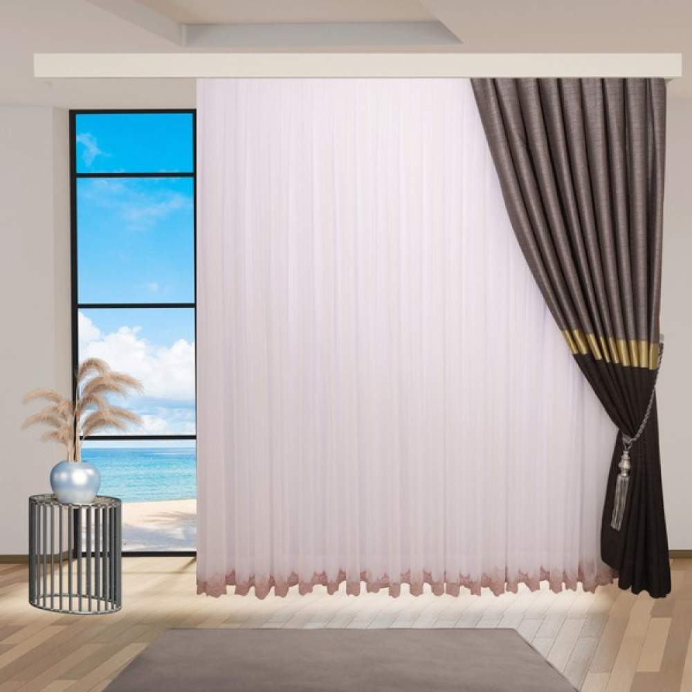 Perhal Etek İşlemeli Grek Pembe Renk 1-3 Sık Pileli Tül Perde - 100 x 260 cm Tül Perde Fiyatı