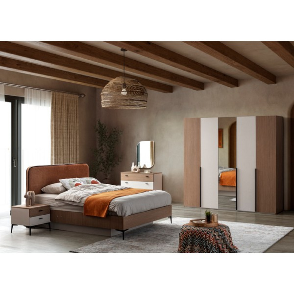 Perla Sofa Alva Bazalı 5 Kapılı Yatak Odası Takımı - Ceviz - Krem Yatak Odası Takımı / Seti Fiyatı