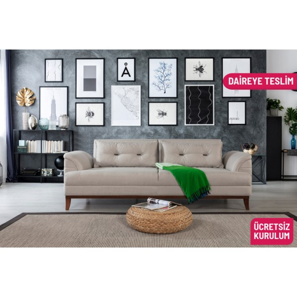 Perla Sofa Lafonten Üçlü Yataklı Kanepe Keten Krem - Açık Krem Kanepe & Çekyat Fiyatı