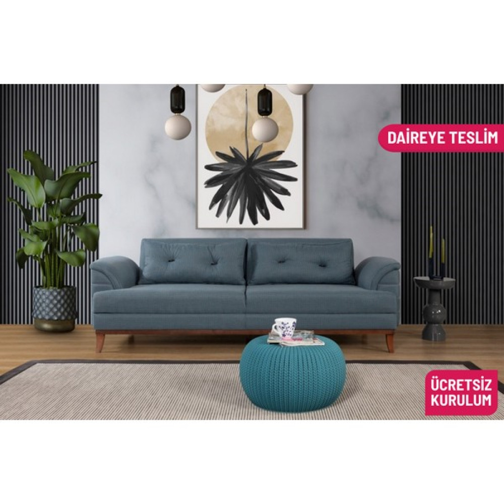 Perla Sofa Lafonten Üçlü Yataklı Kanepe Mavi Kazayağı Kanepe & Çekyat Fiyatı