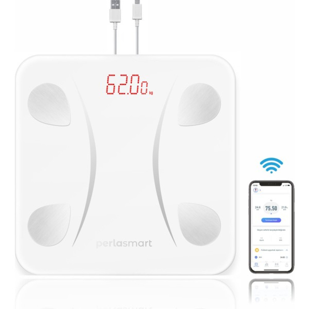 Perlasmart USB Şarjlı LED Ekranlı Akıllı Vucüt Analizli Tartı Baskül - Beyaz Baskül & Tartılar Fiyatı