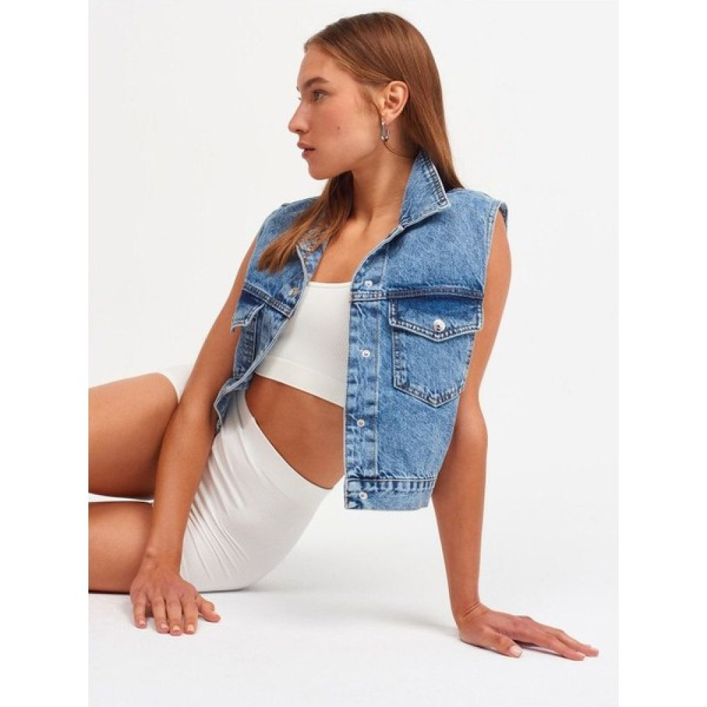 Perryes Kadın Gömlek Yaka Cep Detaylı Pamuk Denim Yelek Ceket Erkek Yelek Fiyatı