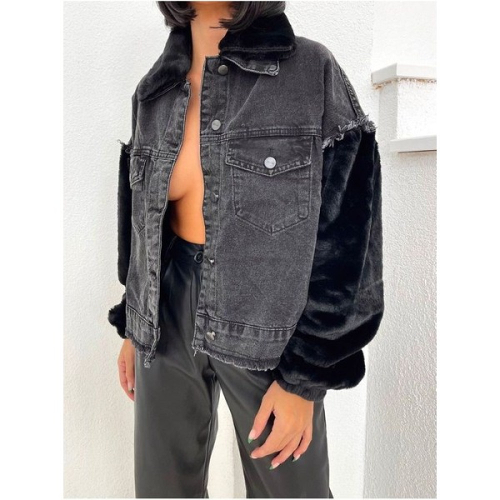 Perryes Perryeskadın Kol ve Yaka Kürkpeluş Detay Denim Ceket Bayan Ceket Fiyatı