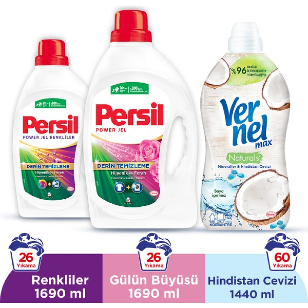 Persil Gülün Büyüsü Sıvı Çamaşır Deterjanı 26 Yıkama x 2 adet + Vernel Max Mineraller & Hindistan Cevizi 60 yıkama Çamaşır Deterjanı Fiyatı