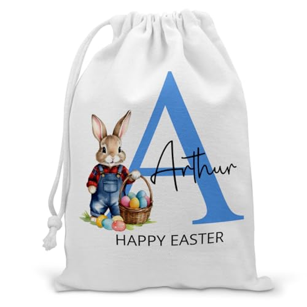 Personalised Easter Bag for Boys – Blue Bunny Initial Drawstring Sack – Custom Easter Egg Hunt Gift – Kids’ Easter Treat Bag – Floral Rabbit Design