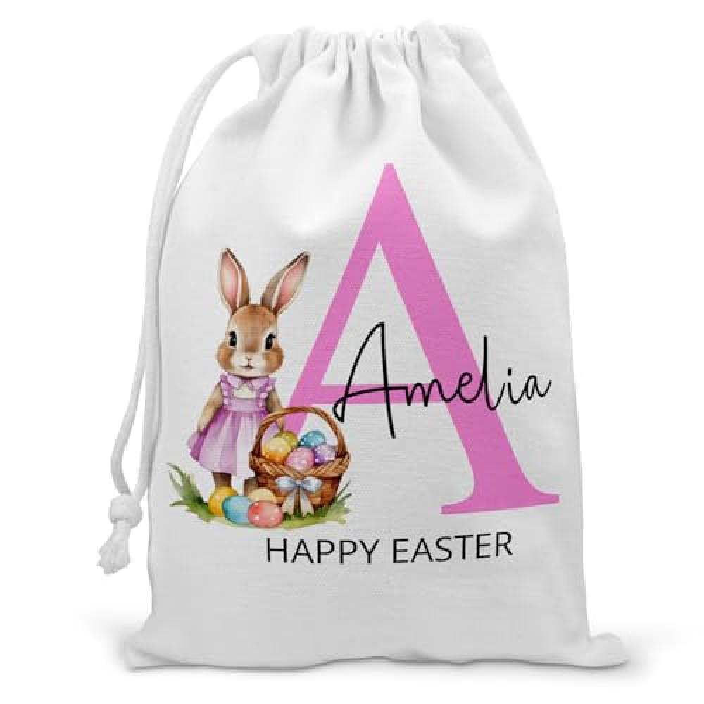 Personalised Easter Bag for Girls – Pink Bunny Initial Drawstring Sack – Custom Easter Egg Hunt Gift – Kids’ Easter Treat Bag – Floral Rabbit Design